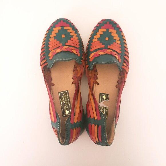 Linea Diamante Huaraches Green Colorful Leather Unisex Sandals Made in Mexico - Picture 1 of 13